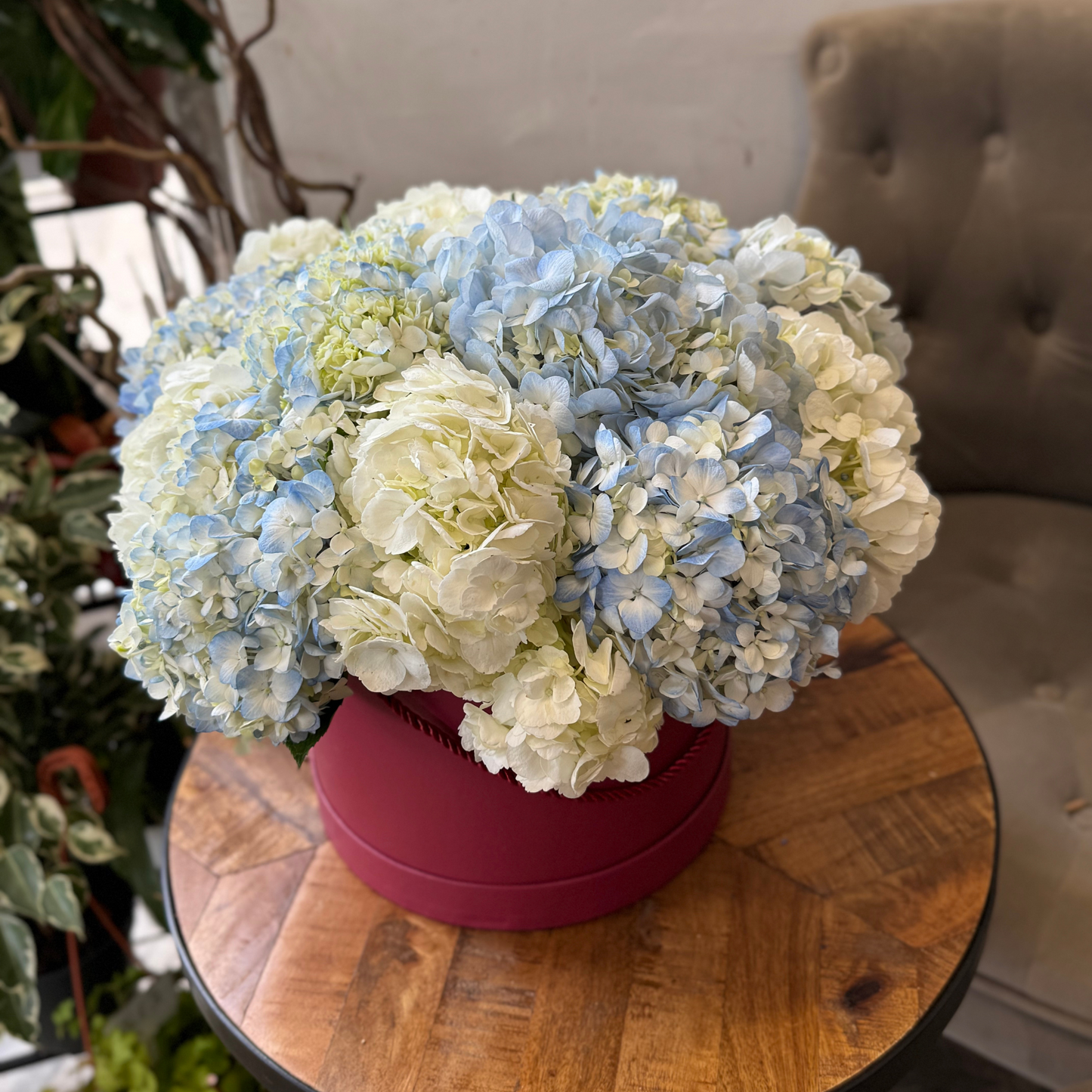 Hydrangeas in a Pink Hat Box