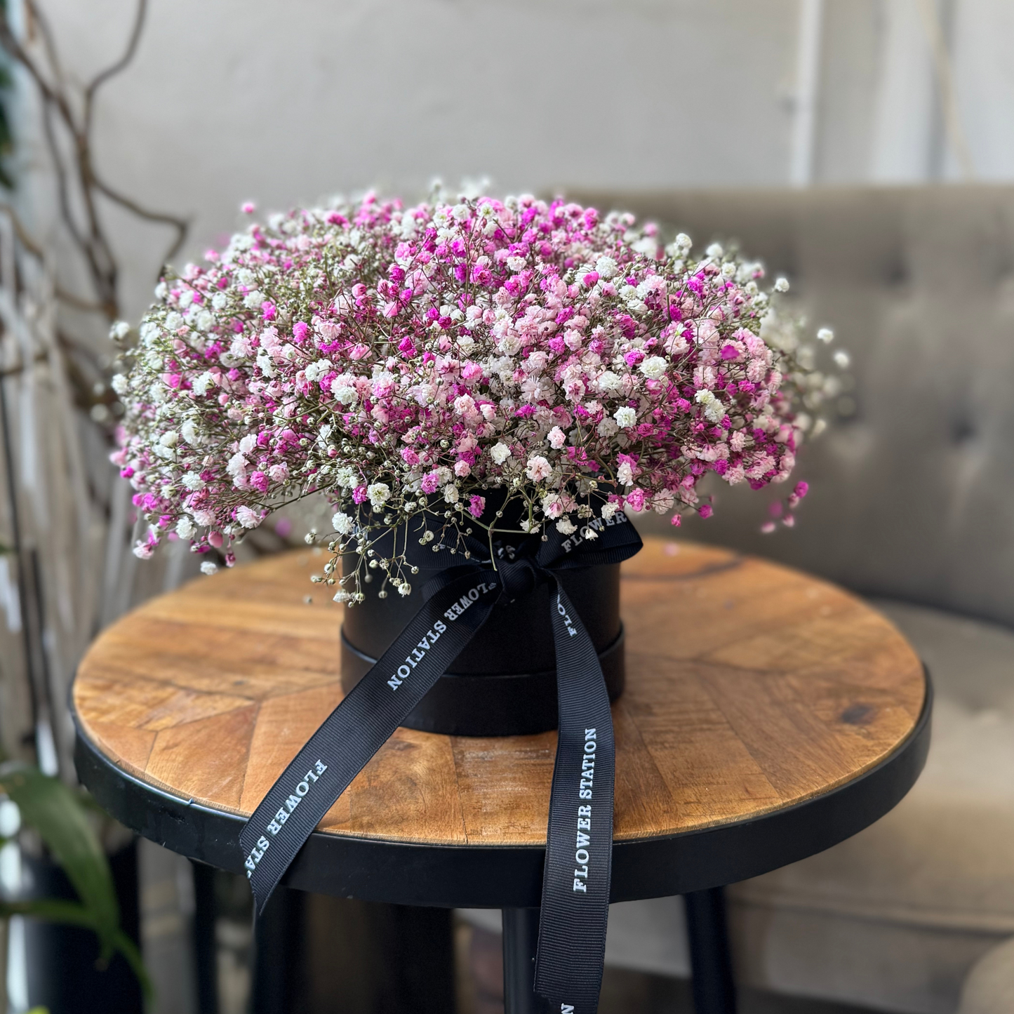 Baby’s Breath in a Black Hat Box