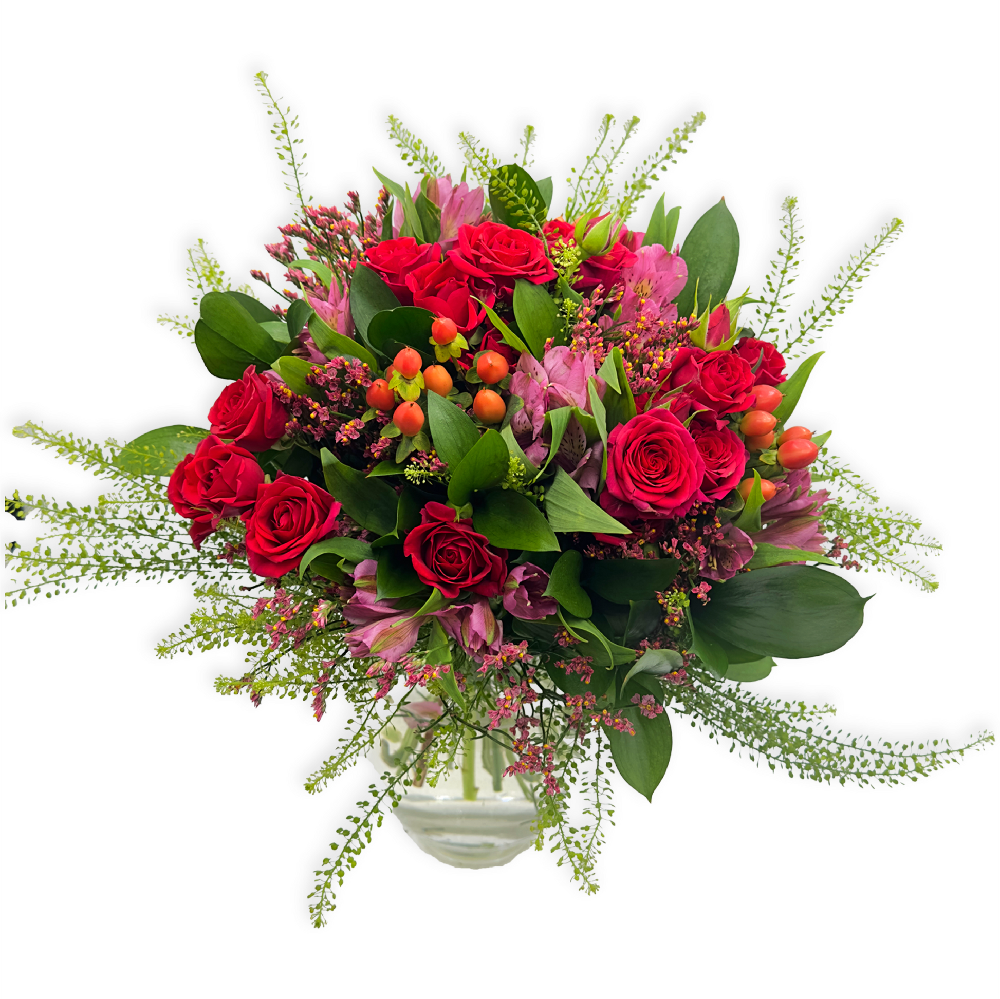 classic red roses, sweet pink wax flowers, and fresh greenery classic red roses, sweet pink wax flowers, and fresh greenery