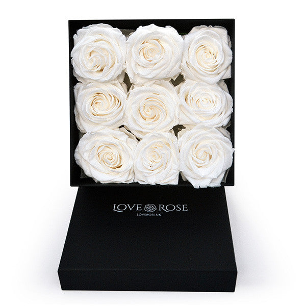 Infinity White Roses in a Black Box