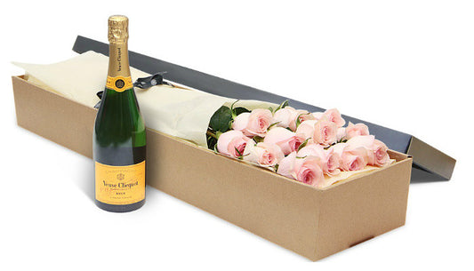 12 Pink Roses with Veuve