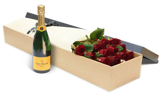 12 Red Roses In A Box with Veuve Cliquot