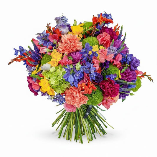 Flower Station Pride Bouquet: a vibrant mix of colourful blooms including orange and pink carnations, blue delphinium, and green hydrangea.