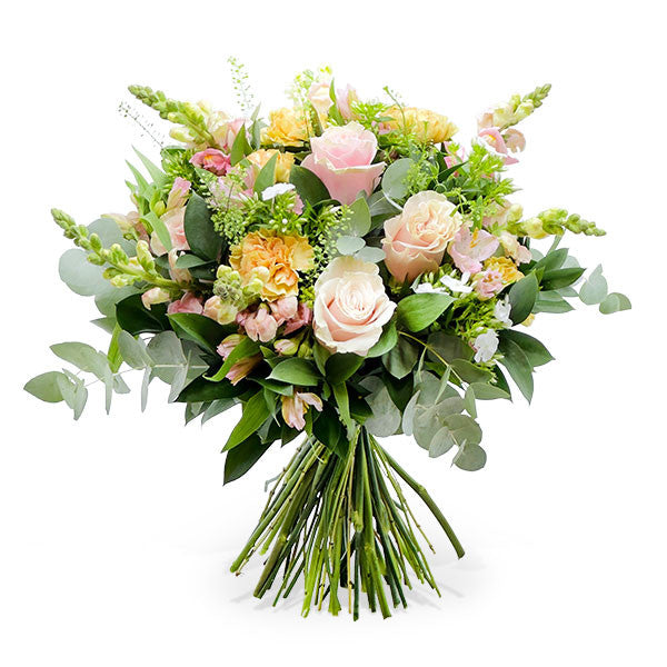 delicate snapdragons, elegant pink roses, fragrant dianthus, vibrant alstroemeria, and eucalyptus delicate snapdragons, elegant pink roses, fragrant dianthus, vibrant alstroemeria, and eucalyptus